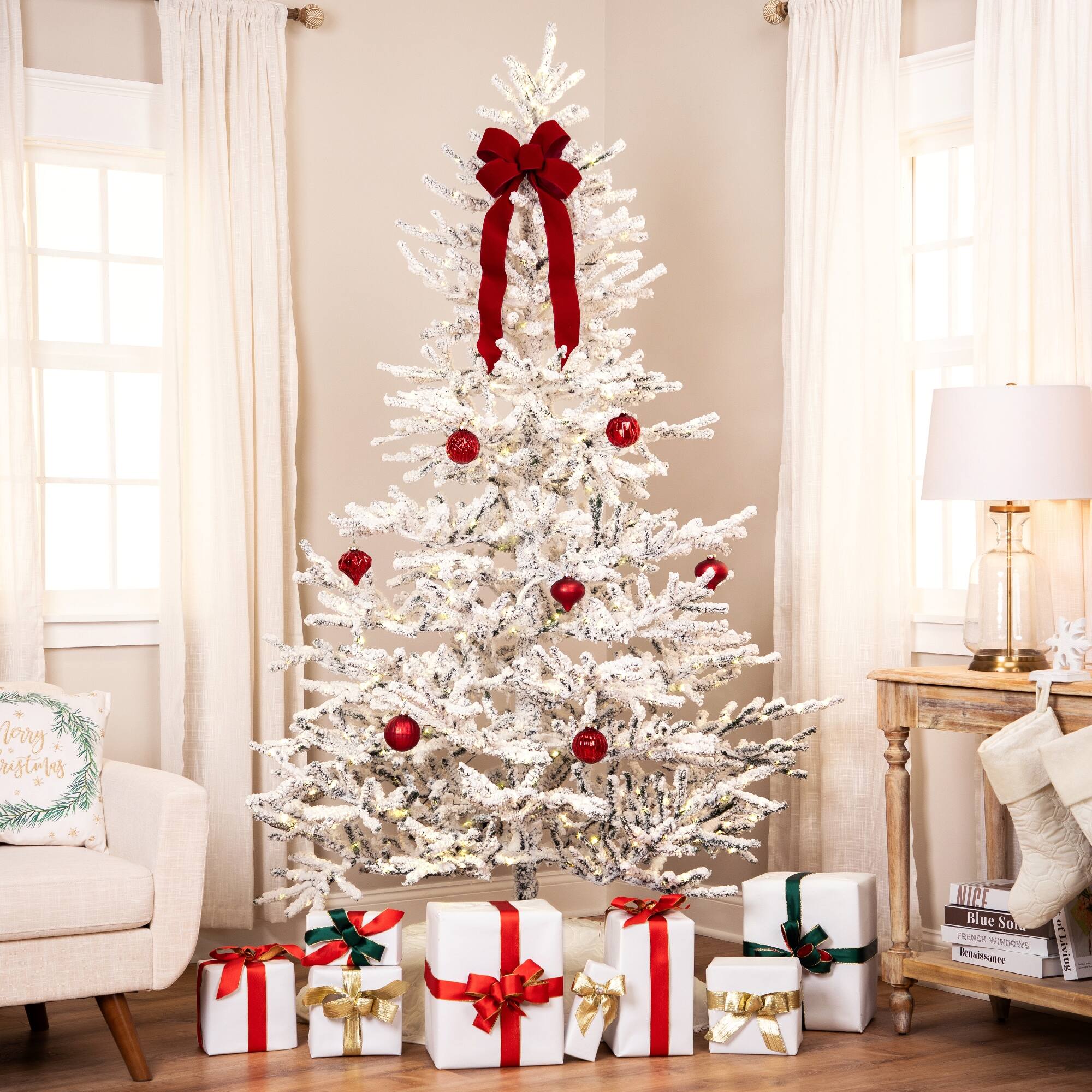 7.5ft. Pre-Lit Medium IPT Artificial Flocked Garden Christmas Tree, Warm White LED Lights
